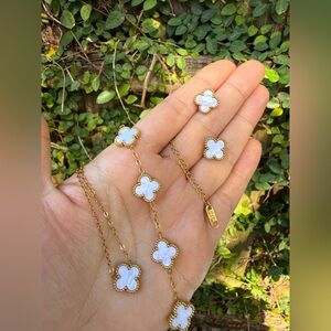 Gold and White Clover Pendant Necklace & Bracelet Set - Women Jewelry